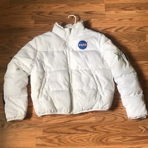 White and navy blue NASA puffy jacket